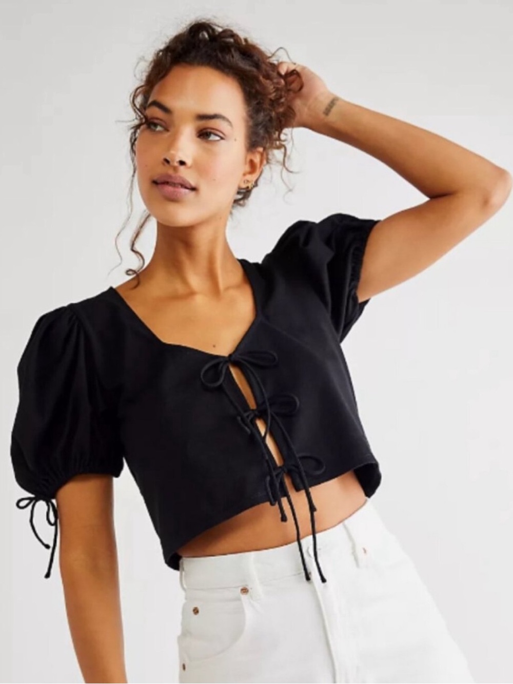 Free People Women's Black Tie-Front Puff Sleeve Top - Picture 2 of 5